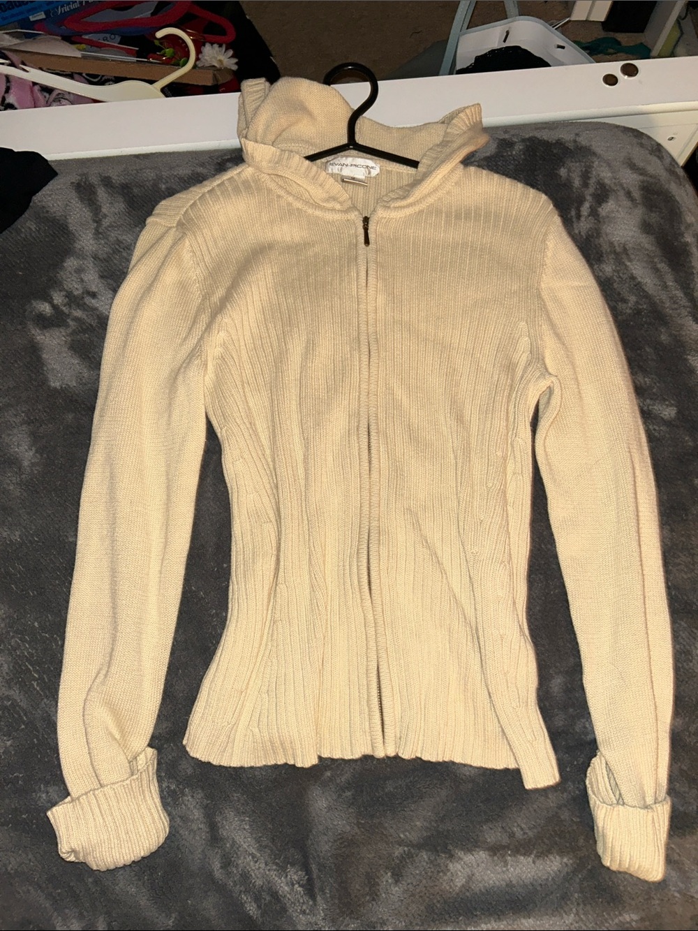 Evan Picone Cream Zip-Up Hooded Sweater